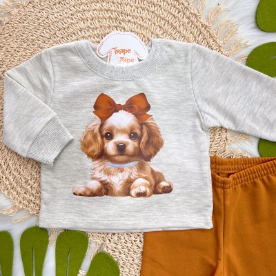 Conj. Casaco Cachorrinha com Laço e Calça de Moletom - Mescla e Ferrugem